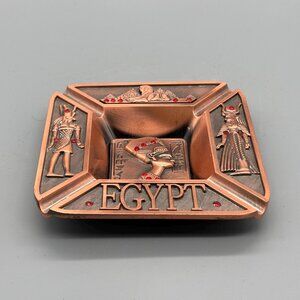 Vintage Egypt Metal Ashtray with Red Accents, Pharaoh Relief Design Souvenir
